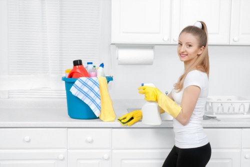 Cleaner working in a West London flat with kitchen and bathroom focus
