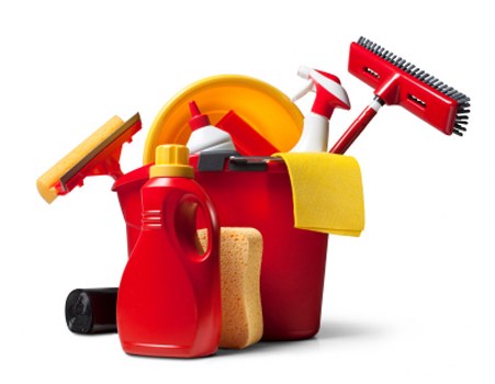 Cleaner maintaining a bathroom and kitchen during a routine visit